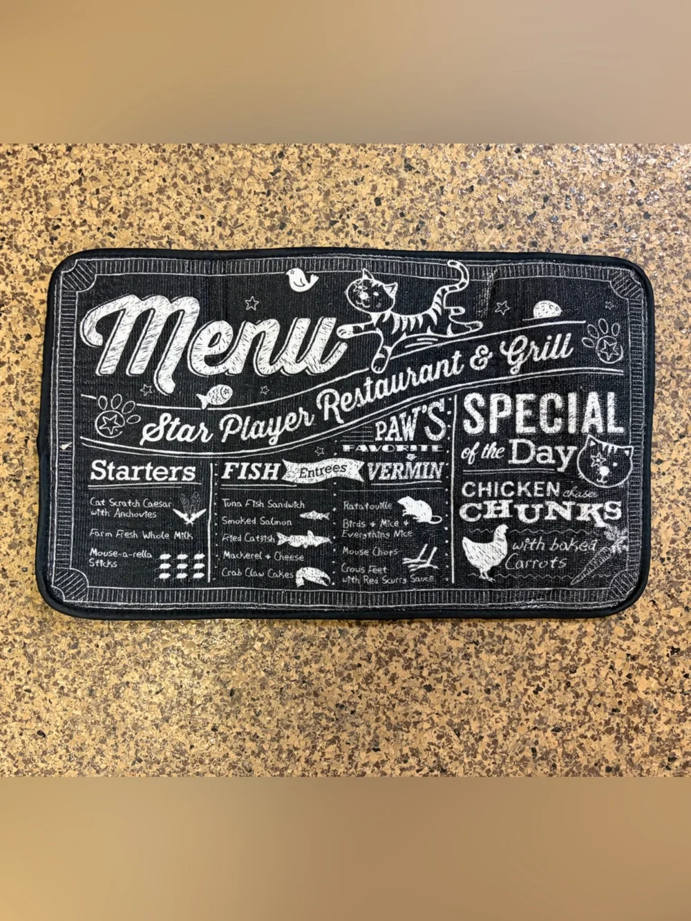Cat Food & Water Bowl Feeding Mat – Black Menu Design